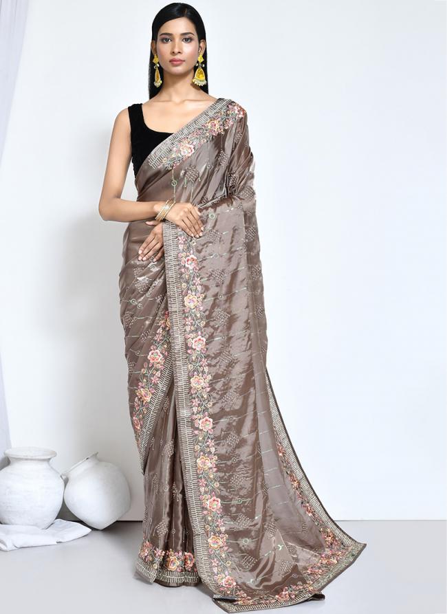 Satin Silk Brown Wedding Wear Embroidery Work Saree